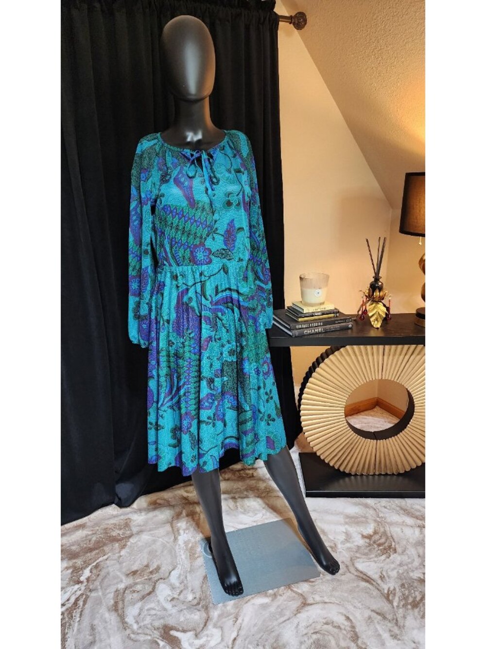 1980s KEVIN STUART PETITES psychedelic midi dress blue green abstract vintage - Picture 11 of 11